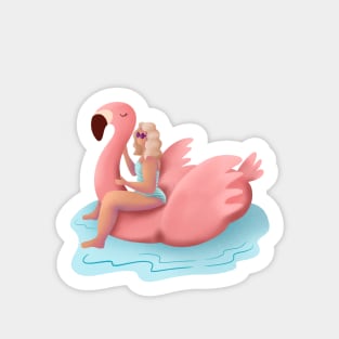 Girl Summer Illustration, Pink Flamingo Floaty Sticker